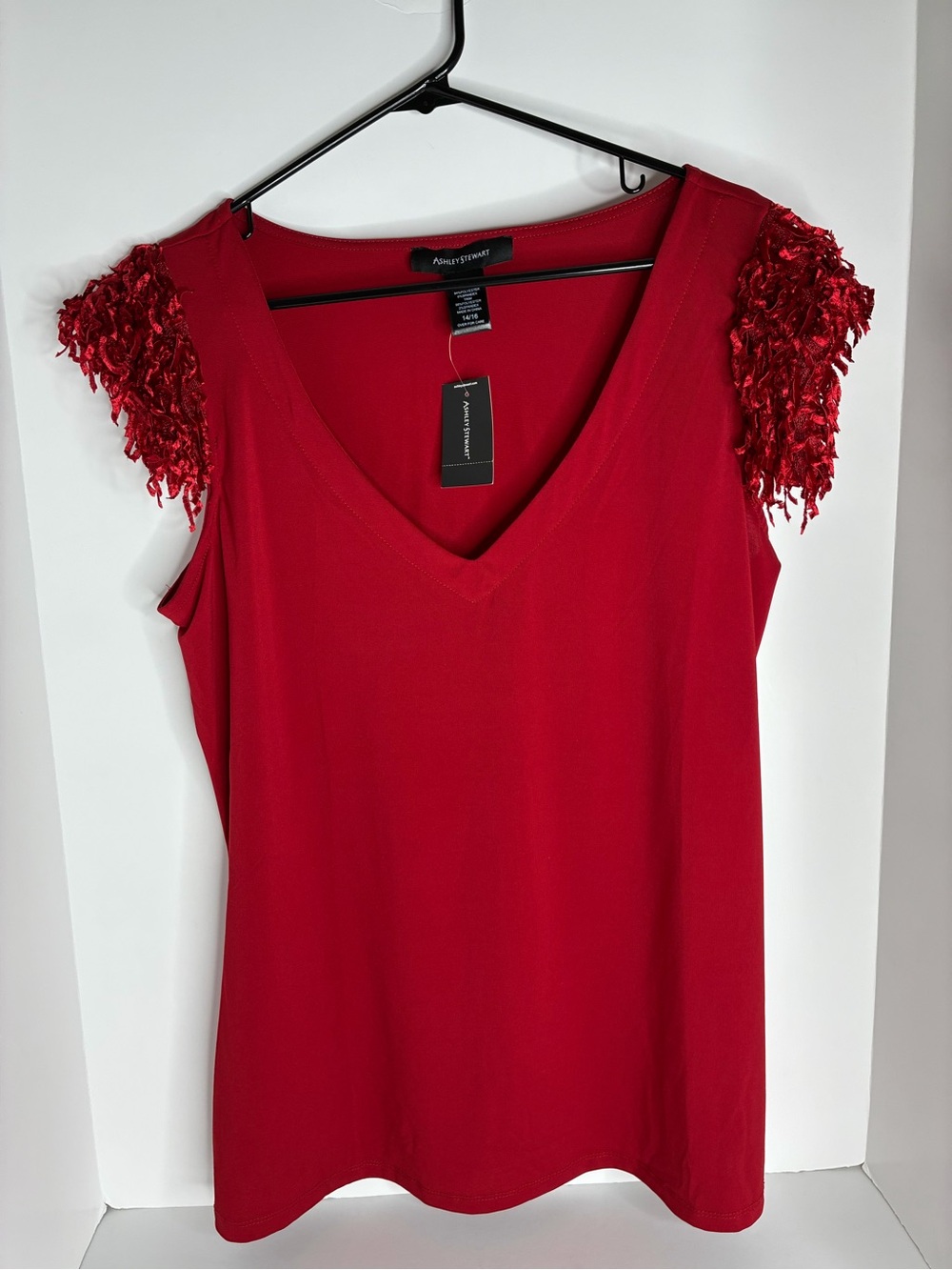 Ashley Stewart Red V-Neck Tank with Fringe Cap Sleeves